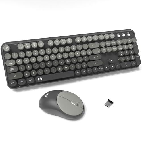 FD Wireless Keyboard and Mouse Combo - 2.4G Full-Sized Cute Colorful Mouse and Keyboard with 104 Round Keys Retro Typewriter Keyboards for Laptop/Windows/PC - Grey Gradient