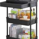 Calmootey 3-Tier Rolling Utility Cart with Drawer,Multifunctional Storage Organizer with Plastic Shelf & Metal Wheels,Storage Cart for Kitchen,Bathroom,Living Room,Office,Black