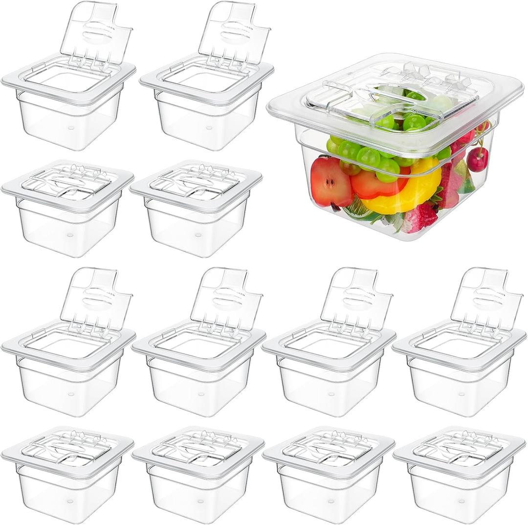 Geetery 12 Packs 4'' Deep Polycarbonate Food Pan with Lid 1/6 Size Stackable Plastic Pan Restaurant Food Storage Containers with Hinged Lids for Hotel Supplies (Clear)