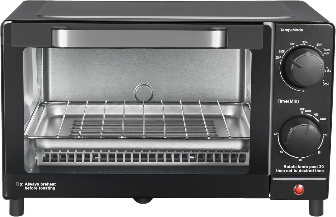 4 Slice Toaster Oven with 3 Settings - Includes Baking Rack and Pan - Black - New - Fit 9-Inch Pizza Or 4 Slices Of Bread - 2 Quartz Heating Elements - Adjustable Timer Up To 60 Minutes