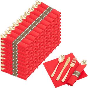 Nervure 400PCS Pre Rolled Gold Plastic Silverware Sets - Heavy Duty Gold Cutlery - Include 100 Pack Wrapped Disposable Utensils with Red Napkins for Christmas & Party & Wedding Nervure 400PCS Pre Rolled Gold Plastic Silverware Sets - Heavy Duty Gold Cutlery - Include 100 Pack Wrapped Disposable Utensils with Red Napkins for Christmas & Party & Wedding