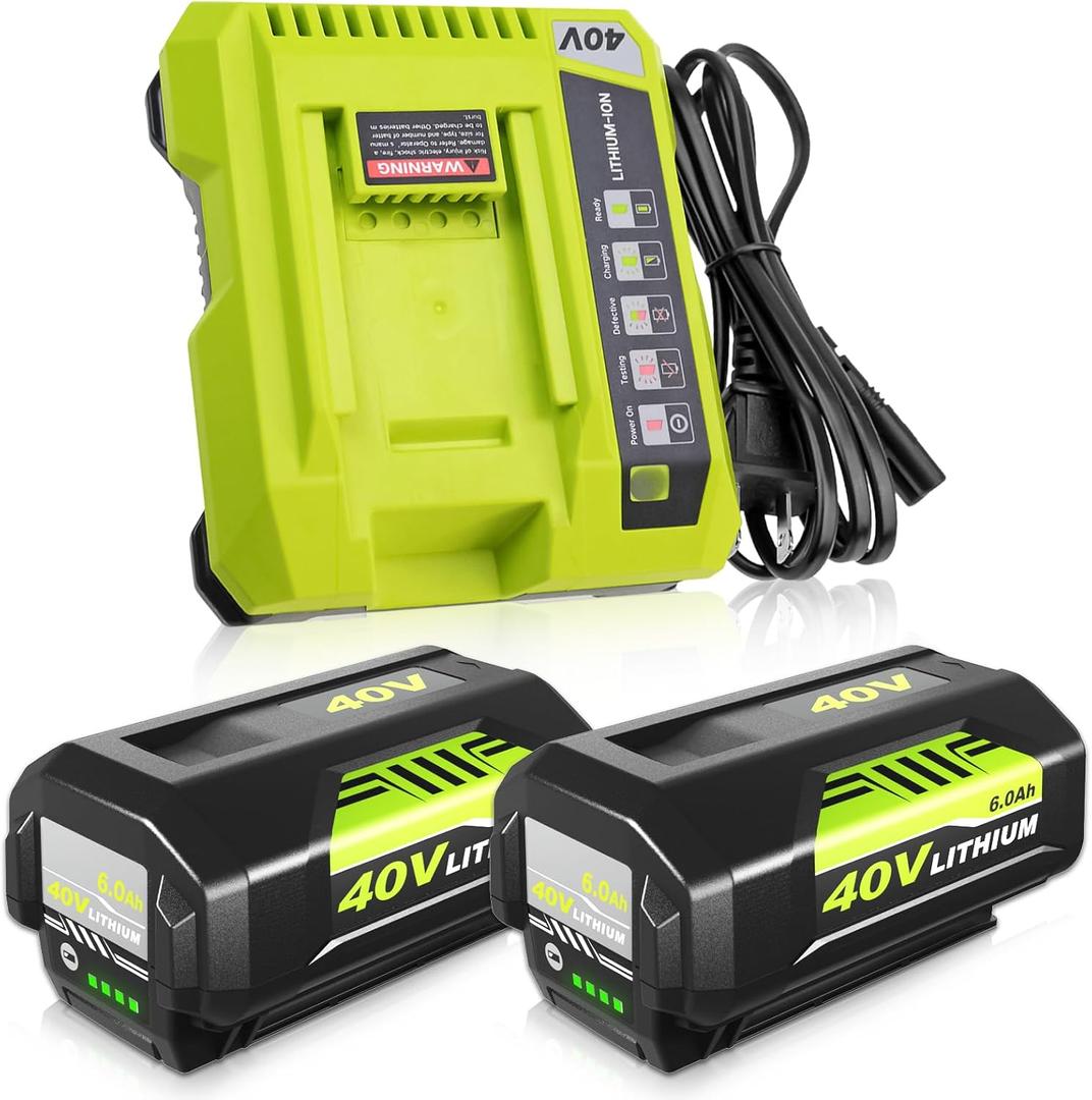 2 Pack Replacement for Ryobi 40V Battery and Charger Compatible with Ryobi 40 Volt Battery Lithium OP4040 OP40401 OP4026 OP40261 OP4050 OP40201 Compatible with 40 Volt Cordless Power Tool (Green)