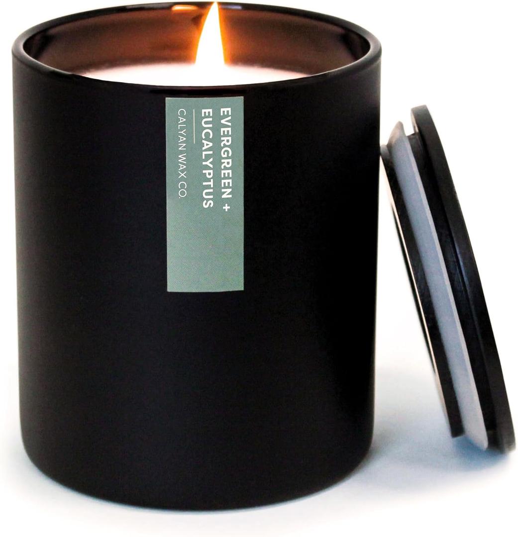 Calyan Wax Co. Evergreen & Eucalyptus Scented Candle - 75 Hour Burn - Luxury Clean Soy Wax Candles - Long Lasting Black Tumbler Jar Candle for Home - 10.2oz