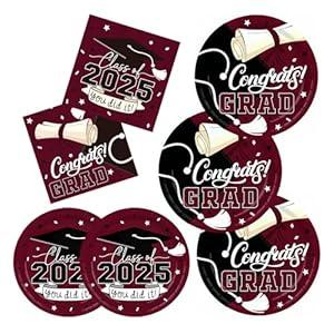 2025 Graduation Party Supplies Kit: Maroon -Themed Congrats Grad Decorations with Disposable Dinner & Dessert Plates, Napkins for 50 Guests - Graduation Party Decorations