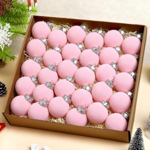 30 pcs Pink Flocked Velvet Christmas Tree Ball 3.2inch Christmas Tree Ornaments Shatterproof Plastic Decorative Hanging for Xmas Holiday Family Home Store Indoor Decors