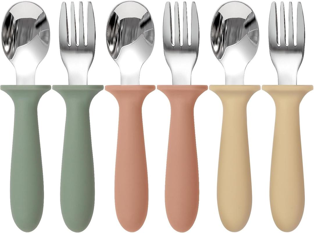 6 Pack Toddler Utensils, kids Silverware with Silicone Handle, 18/8 Stainless Steel Children Safe Spoons and Forks Set Baby Feeding Essentials, Dishwasher Safe (Pink)