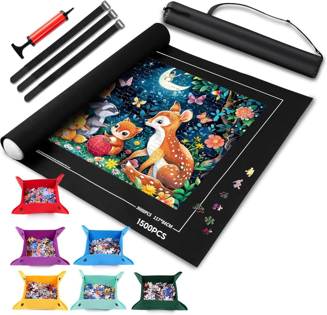 Puzzle Mat Roll Up 1500 1000 500 Pieces Portable Puzzle Board/Table Saver Mats, Smooth Top & Non-Slip Felt Bottom with 6 Sorting Trays, Storage Bag, Inflatable Roller