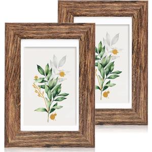 Hongkee 5x7 Picture Frame Set of 2, Made of Real Glass and Rustic Brown Wooden Frame - Display Pictures 4x6 with Mat or 5x7 Without Mat, 5 by 7 Photo Frame for Wall or Tabletop Display