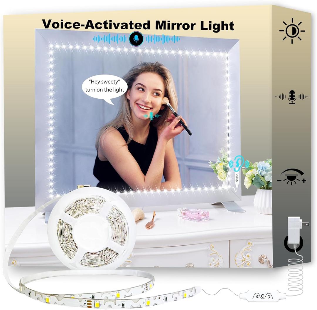 13ft/4M Voice-Activated Led Vanity Mirror Lights Kit Bendable NO Need to Cut Vanity Make-up Mirror Cloakroom Adjustable Flexible Strip Light Table Set with Dimmer and Power Supply