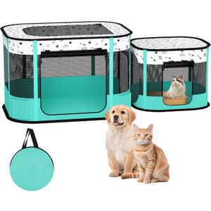 Portable Cat Playpen, 8-Rod Reinforced Kitten Dog Playpens, Foldable Play Pen for Indoor Cats Enclosed Pet Puppy Doggy Outdoor, Collapsible Tent Kennel Cage House(32"x24"x22") (Green)