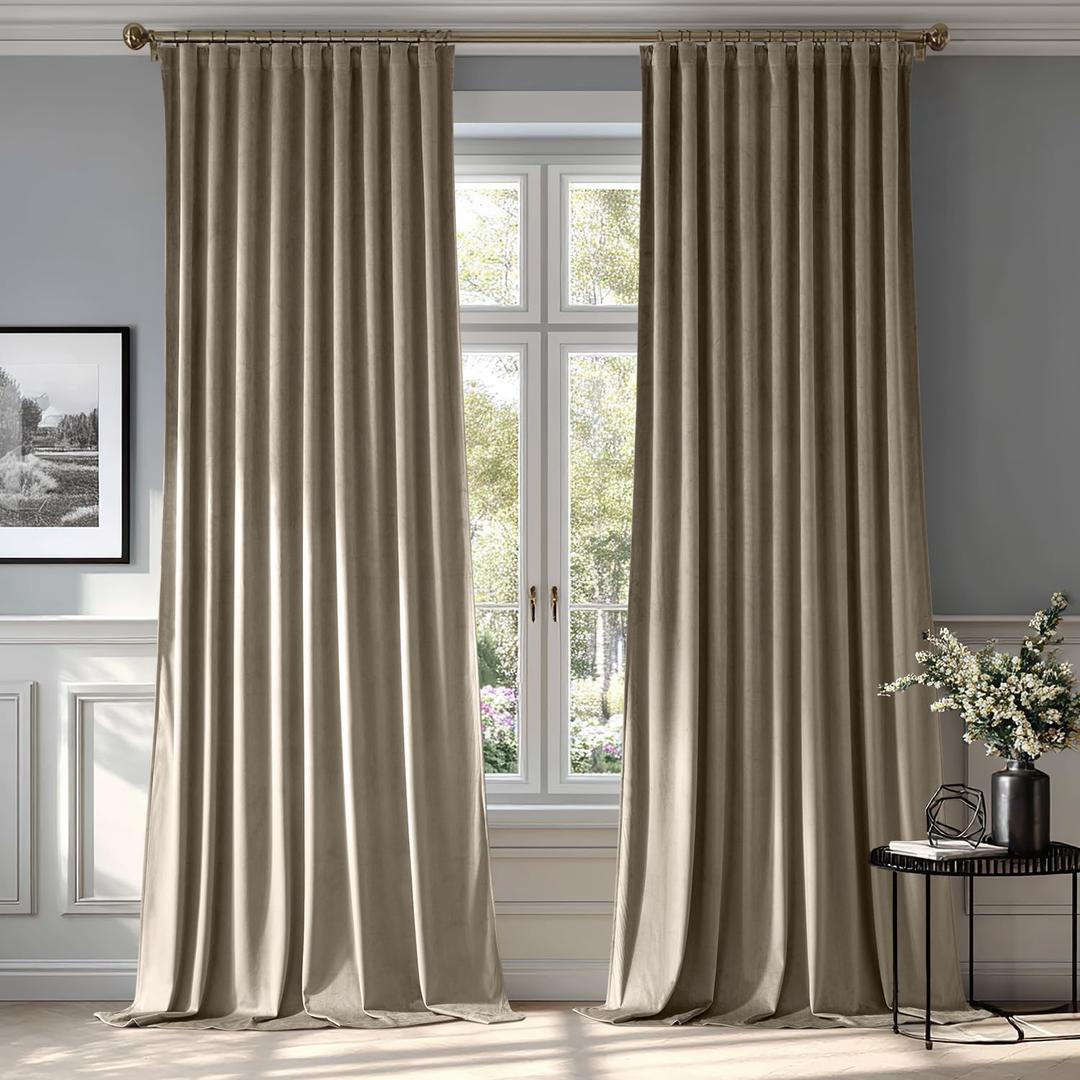 MIULEE Taupe Velvet Curtains 96 inches 2 Panels - Luxury Room Darkening Window Drapes for Bedroom Living Room Thermal Insulated Super Soft Blackout, Back Tab Rod Pocket Pinch Pleated, W52 x L96
