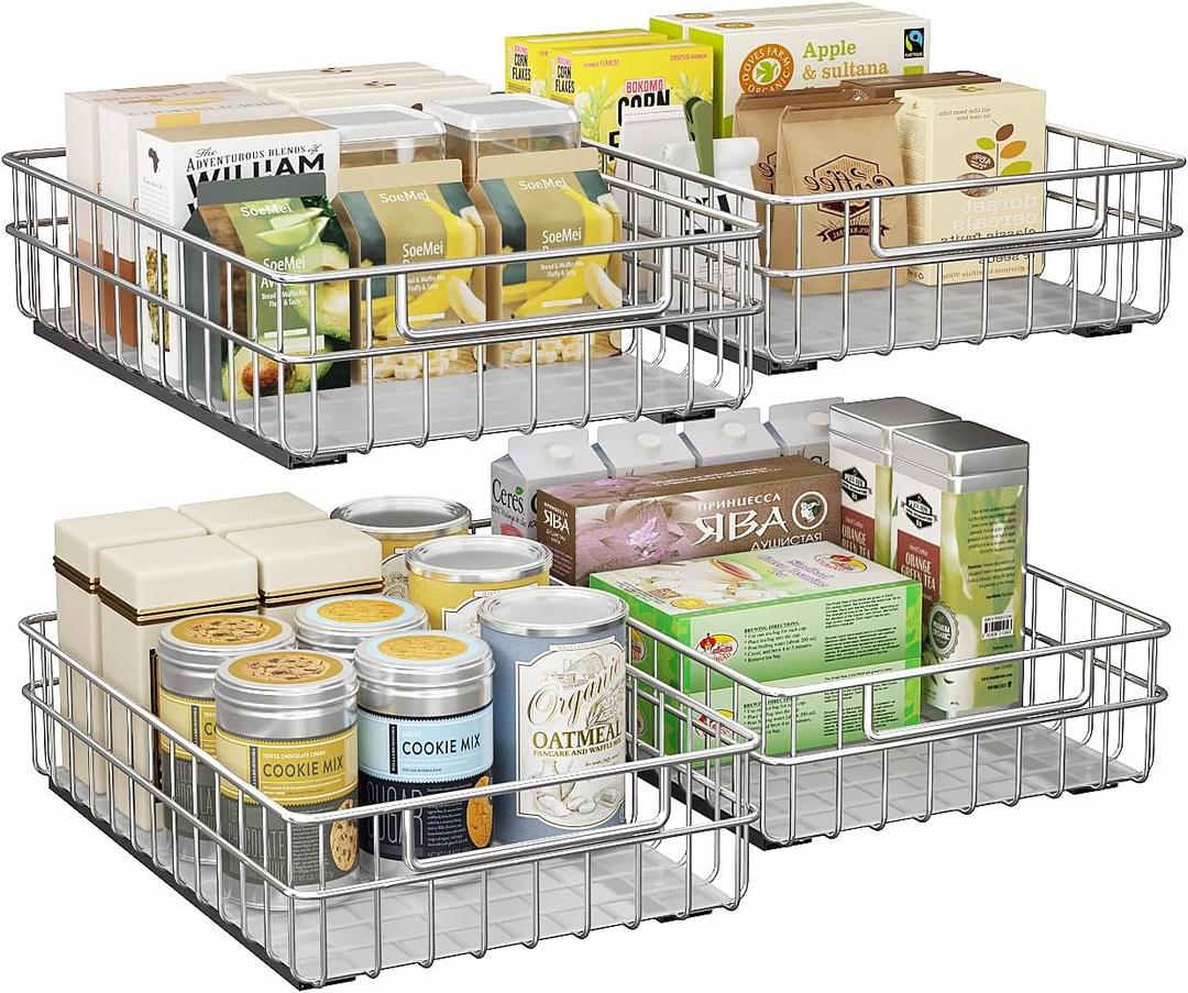 Pull out Cabinet Organizer, Stainless Steel 4-Pack Slide out Drawer with Silent Full-Extension Slides, Adhesive Roll out Can Spice Storage Basket Shelf Rack for Pantry, Kitchen, Bathroom, Home Closet