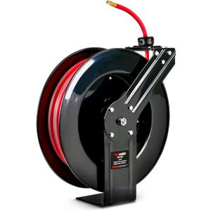ReelWorks Air Hose Reel Retractable 3/8" Inch x 80' Foot Max 300PSI Longest Ever Hybrid Polymer Hose Industrial Steel Construction