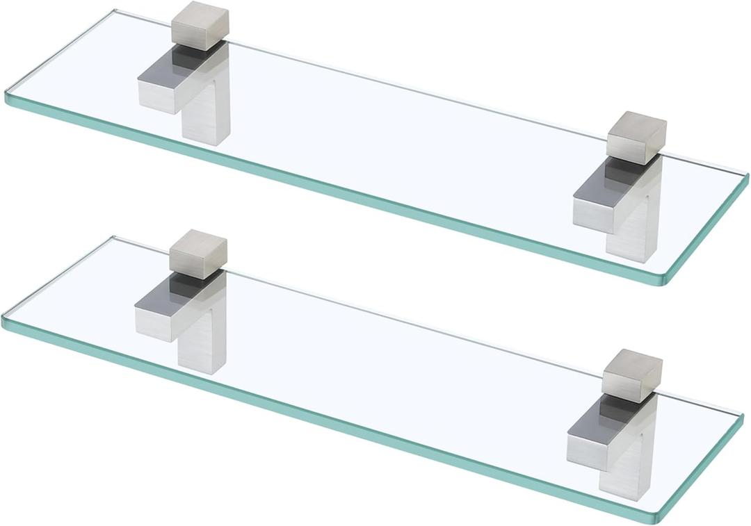 KES Glass Shelf for Bathroom, Floating Tempered Glass Bathroom Wall Shelf Rectangle 16 Inch Brushed Nickel Bracket, 2 Pack, BGS3201S40-2-P2