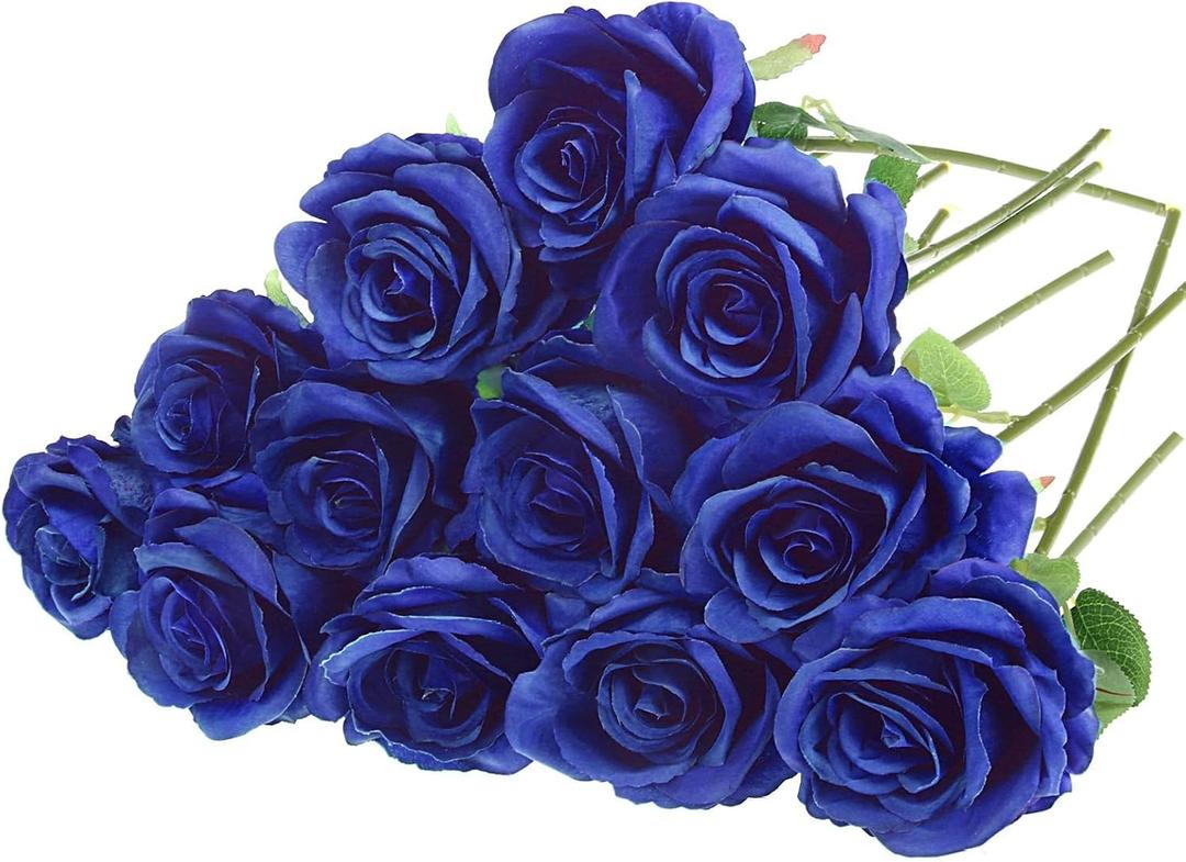 Felice Arts 12 Pack Royal Blue Artificial Flowers with Stems Silk Roses Fake Flowers Bouquet for Wedding Graduation Table Vase Home Kitchen Party DIY Decor