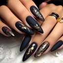 Fall Black Press on Nails Long Almond Fake Nails Gold Powder Full Cover Glue on Nails Gold Wheat Ears Design Oval Acrylic False Nail Autumn Matte Artificial Nail Reusable for Women