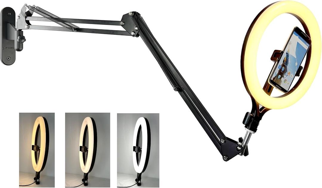11'' Ring Light Wall Mount Phone Holder, Cell Phone Selfie Light with Wall Rotating Arm Compatible with iPhone 16 15 14 13 12 11 Xr Xs X pro max and Samsung Smartphones