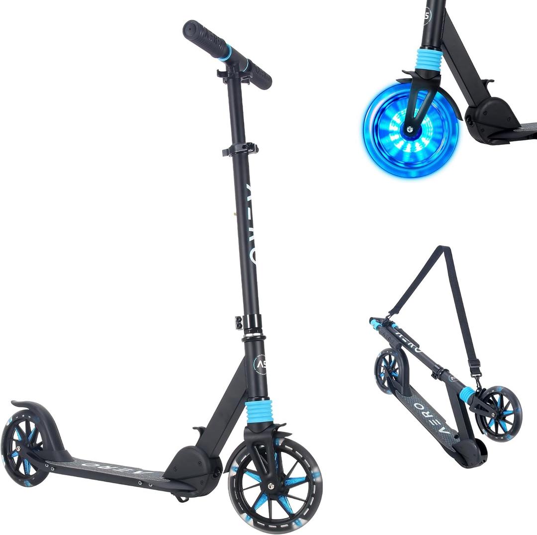 AERO MOBILITY Kick Scooter for Kids 6+, Teens & Adults | Light Up Wheels, Hand Brake, Rubber Deck Mat & Shock Absorption | Foldable & Height Adjustable