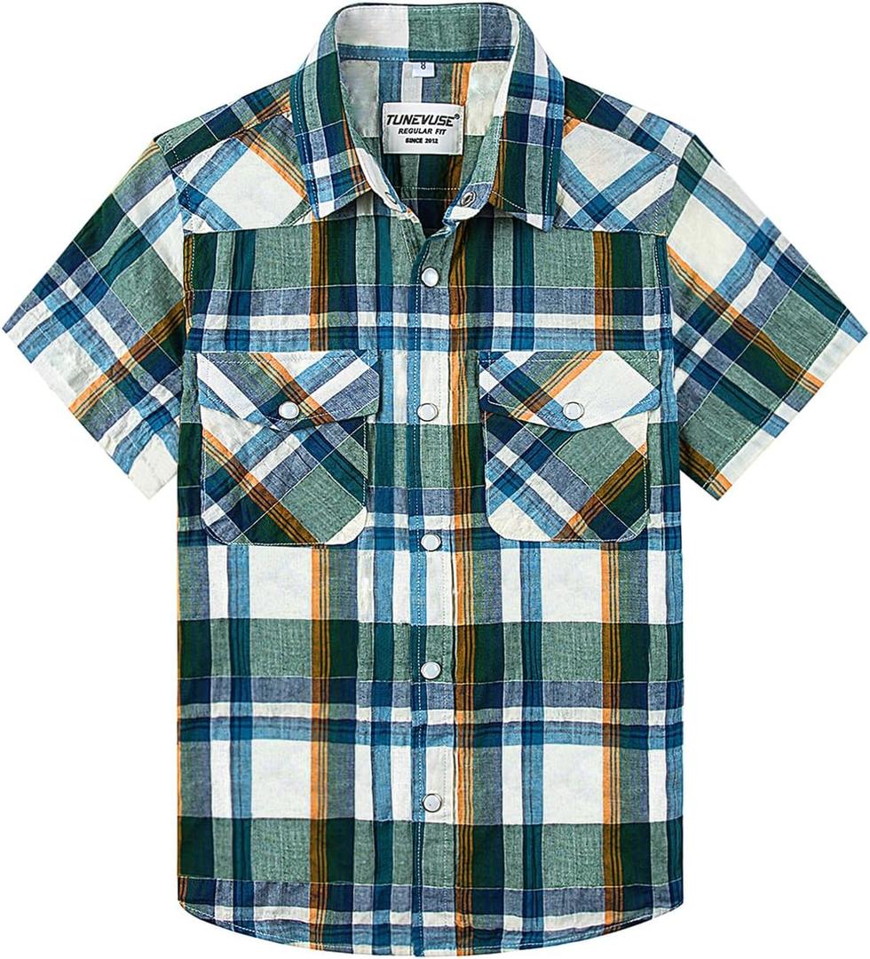 TUNEVUSE Boys Western Shirts Pearl Snap Short Sleeve Casual Plaid Button Down Kids Shirt 100% Cotton (Blue) 11-12Y  