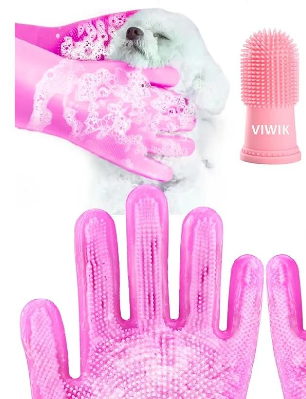 VIWIK Dog Bath Gloves with 4Pack Dog Toothbrush, Dog Grooming Kit, Dog Finger Toothbrush for Small Breed, Medium Large Dogs, Silicone Dog Washing Gloves with High-Density Teeth, Pink