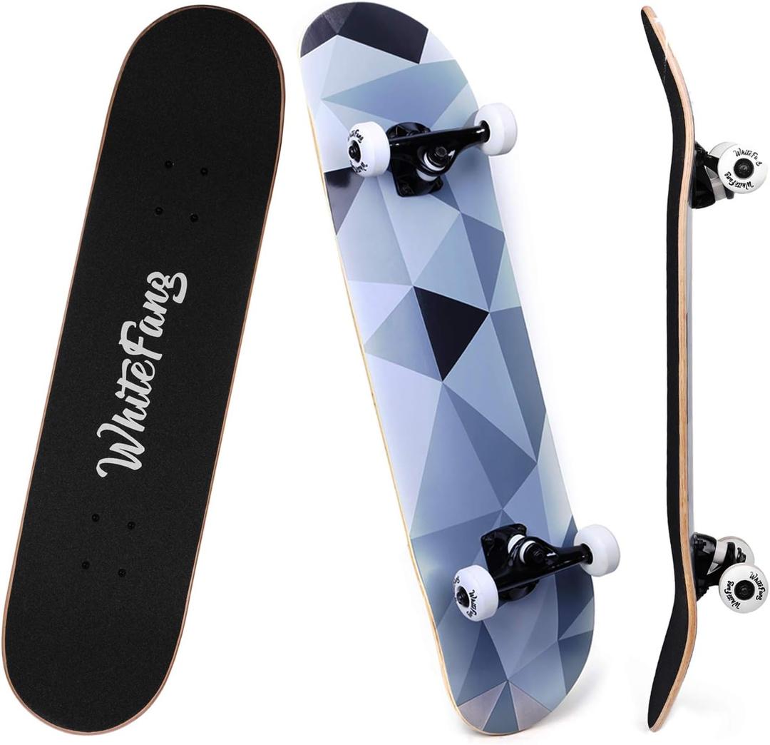 WhiteFang Skateboards for Beginners, Complete Skateboard 31 x 7.88, 7 Layer Canadian Maple Double Kick Concave Standard and Tricks Skateboards for Kids and Beginners, Diamond