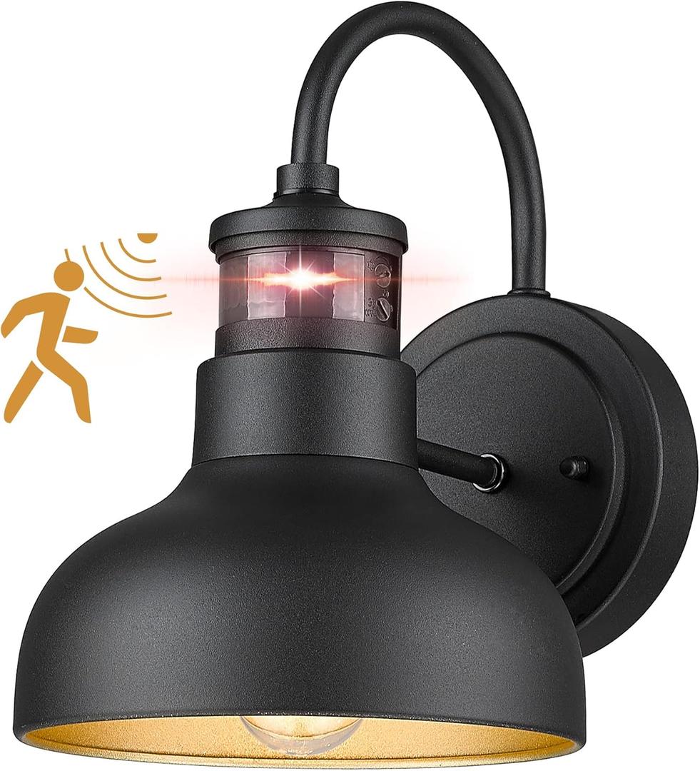 7 Motion Sensor Outdoor Lights, Outdoor Light Fixture Dusk to Dawn with E26 Base Socket, IP65 Waterproof Outside Wall Light for Barn, Balcony, Entrance, Front Door, Porch, 2210SBK(G)-1 (Black)