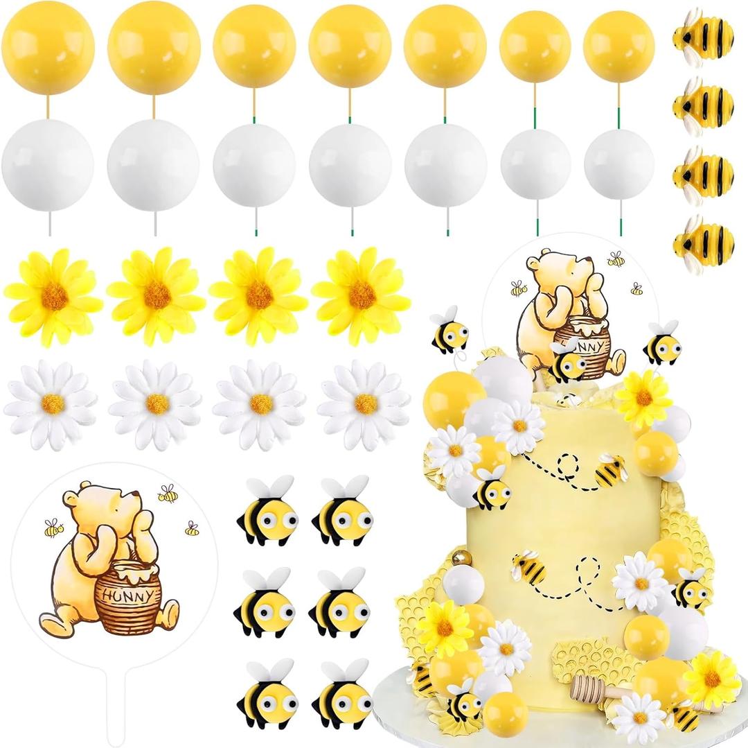 Winnie Bear Cake Topper 33Pcs Winnie Cake Decorations Pooh Bear Toppers Yellow White Balls Cupcake Picks with Little Figurine Bee Sunflowers Daisys for Oh Baby Birthday Baby Shower Party