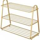 CUTMKGK Front Door Entrance Small Shoe Rack,Shoe Organizer Entryway Narrow All-Metal Closet Stackable Outdoor Weatherproof Shoe Holder Free Standing Wall Garage 3 Tier Room Shoe Shelf (Gold,H/22.8in)