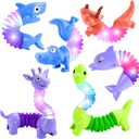 Animals Fidget Toys for Toddlers: 6 Pack LED Animal Pop Tubes for Kids 2 3 4 5 6 7 Year Old Girls Boys Birthday Gifts Autism Sensory Toy for Kid Age 3-5 Tube Light Up Party Favors