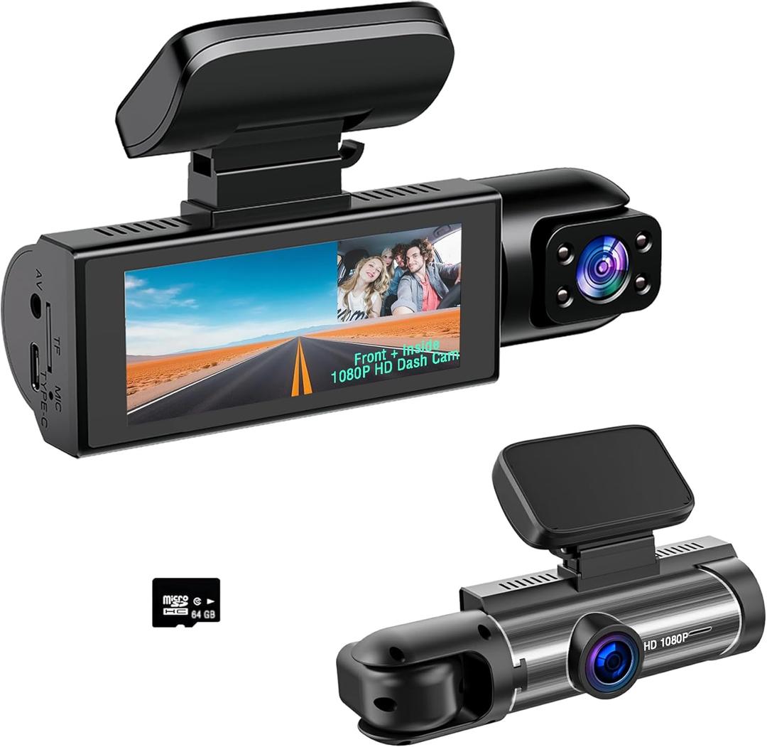 Dual Dash Cam Front and Rear with 64GB Card, 1080P HD IR Night Vision Dash Camera for Cars, G-Sensor Car Dashcam Cameras, 3.16IPS Screen, 24/7 Parking Monitor, Loop Recording, 170 Wide Angle