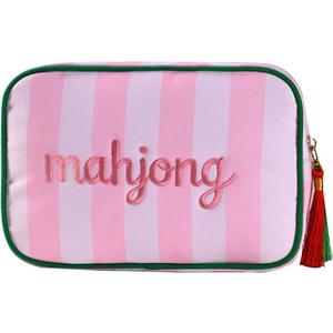 Embroidered Mahjong Tile Bag with Zipper, Thickened Mini Mahjong Pouch for 166 Tiles, Portable Travel Game Organizer, 10 x 6.8 x 3.5 Inches, Pink