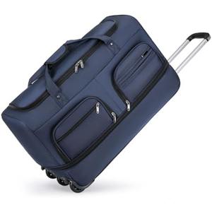 Expandable Rolling Duffle Bag with Wheels, 24" Foldable Carry On Luggage Suitcases, Water-Resistant Travel Duffle Bag Carry On Suitcase Weekend Bag for Women Men Navy Blue