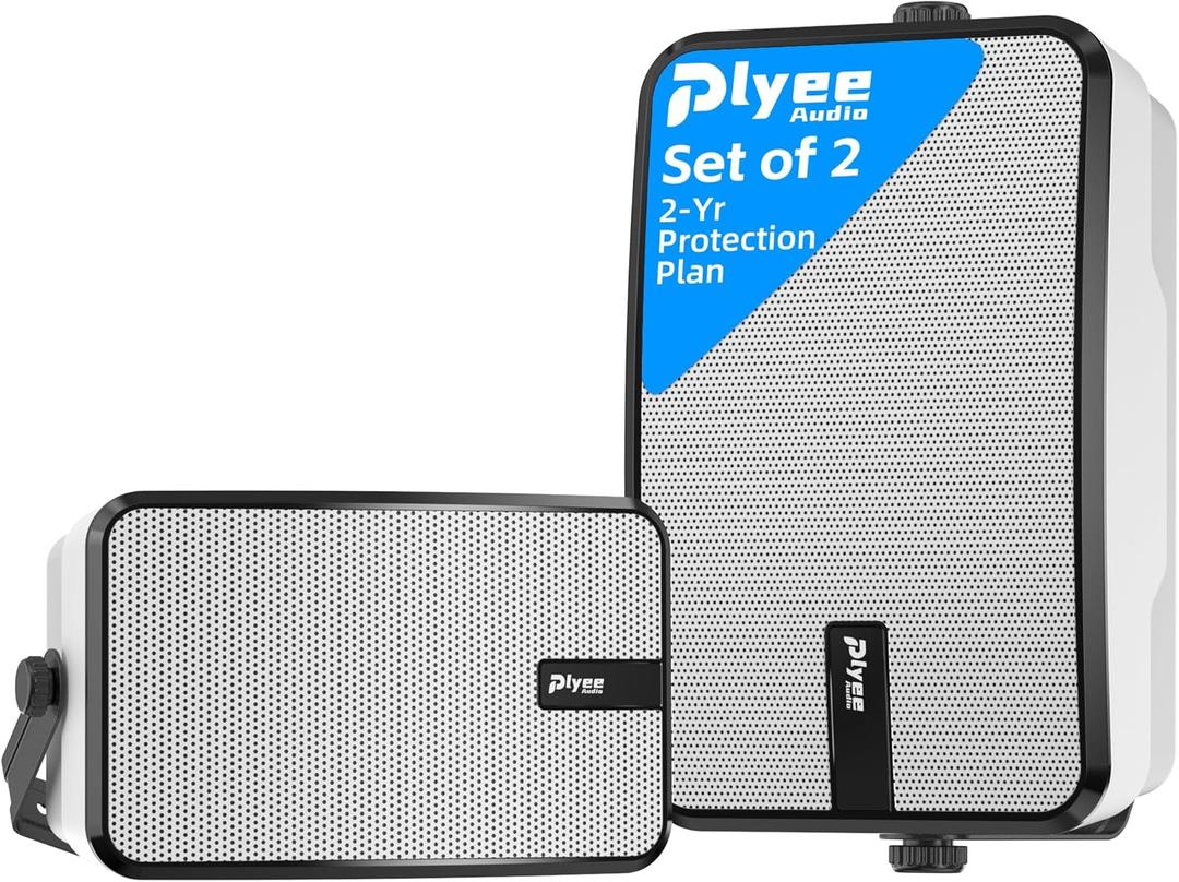 400W Outdoor Bluetooth Speakers, Wireless Sync Between Speakers, Powerful Bass, Wall Mount for Patio, Porch, Gazebo, Garage, 2-Pack, White(MZ-621)