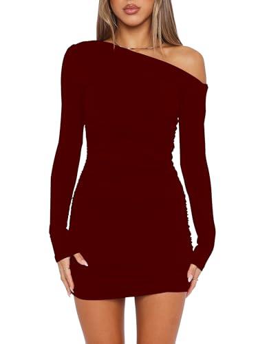 Mokoru Women's Sexy Elegant Off Shoulder Long Sleeve Ruched Bodycon Cocktail Party Mini Dresses, Medium, Wine Red, Medium