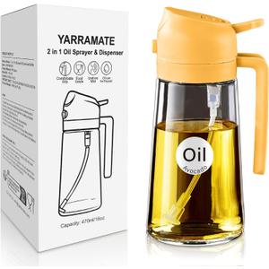 YARRAMATE 16oz/470ml Glass Olive Oil Sprayer for Cooking with Stickers, 2 in 1 Oil Dispenser for Kitchen Gadgets, Food Grade Premium Spray Bottle with Portion Control for Salad, Frying, BBQ (Orange)