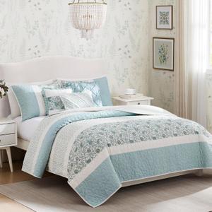 Madison Park 100% Cotton Quilt Set Floral Print, Double Sided Stitching, All Season, Lightweight Coverlet Shabby Chic Bedding Layer, Matching Shams, Full/Queen, Light Teal 6 Piece,Aqua
