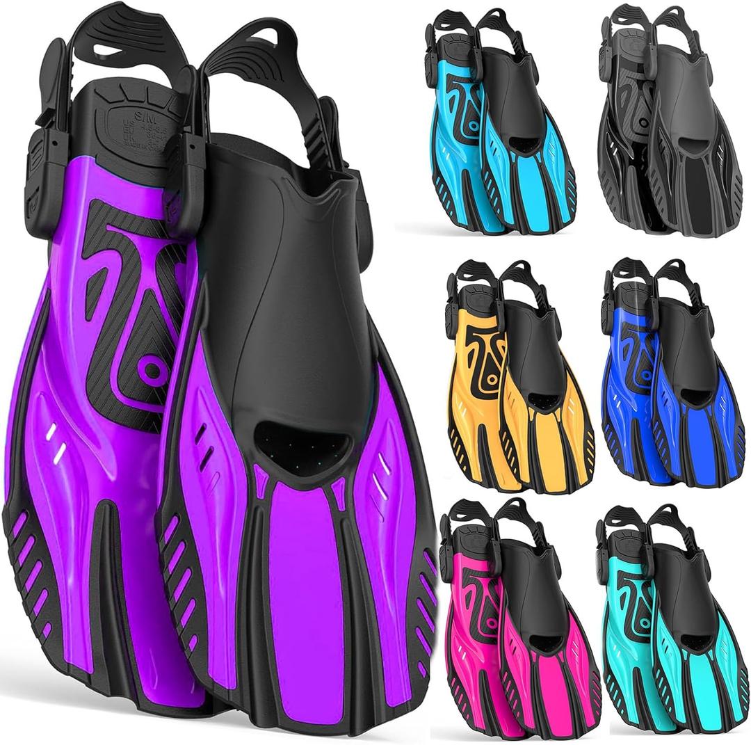 Snorkel Fins Diving Fins Adjustable Buckles Open Heel Swim Flippers Travel Size Short Swim Fins for Snorkeling Diving Swimming Adult Men Womens (ML/XL(US Men 9-13/ Women 10-14), Purple)