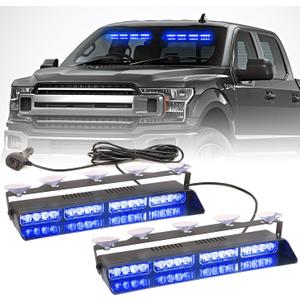 2 in 1 LED Emergency Dash Strobe Light Bar Front/Rear Windshield Safety Flashing Warning Hazard Interior Lights for Police Firefighter Construction Vehicles Trucks (2x14 inch, Blue/Blue)