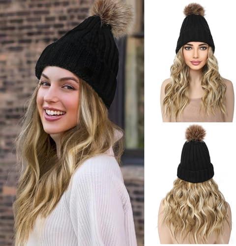 REECHO Beanie Wig Hair Extensions, Warm Knitted Beanie Hat with Hair 12" Beach Wavy Hair Extension Synthetic Hairpiece for Women - Black Beanie, Golden Blonde with Highlights Hair