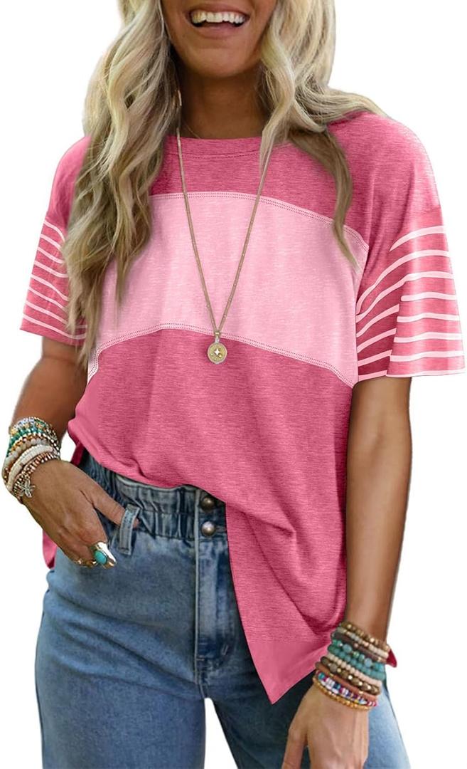 Dokotoo Summer Tops Trendy Oversized 2026 Crewneck Casual Color Block Striped Womens Shirts Blouses (Pink, XXL)