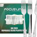 FOCUSLINE 300 Pack Disposable Silver Plastic Forks, Solid and Durable Plastic Cutlery Forks, Heavy Duty Disposable Utensil Silverware for Catering, Parties, Dinners, Weddings