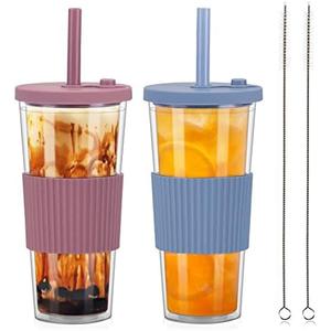 UHAPEER 2 Pack Reusable Boba Tea Cups, 24oz Iced Coffee Cup with Straw and Lid, Leakproof Clear Plastic Cups Tumbler, Double Wall Insulated Smoothie Tumbler, Wide Straw for Bubble Tea, Pink and Blue