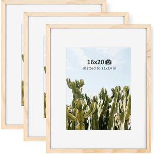 3 Pack 16 x 20 Picture Frame | Natural Wood 16x20 Frame Unfinished | 20x16 Picture Frame Matted to 11x14 | Plexiglass | Wall Mount Display Horizontally or Vertically - Unfinished (16x20-3P)
