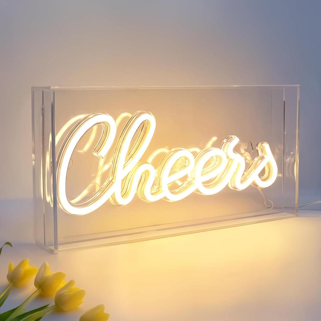 Cheers Neon Sign, USB LED Desk Lightbox Cheers Sign with ON/OFF Switch, 3D Neon Light up Sign for Table Decor, Wall Decor, Bar, Pub, Bachelorette Party (Warm White)