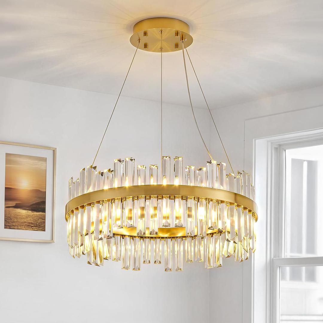 Modern LED Crystal Chandelier, 23" Dimmable Gold Chandelier Light Fixture, 3 Color Changing Pendant Light for Dining Room, Kitchen Island, Living Room, Foyer Crystal Light, 22.8 Inches , Up to 55 Inches