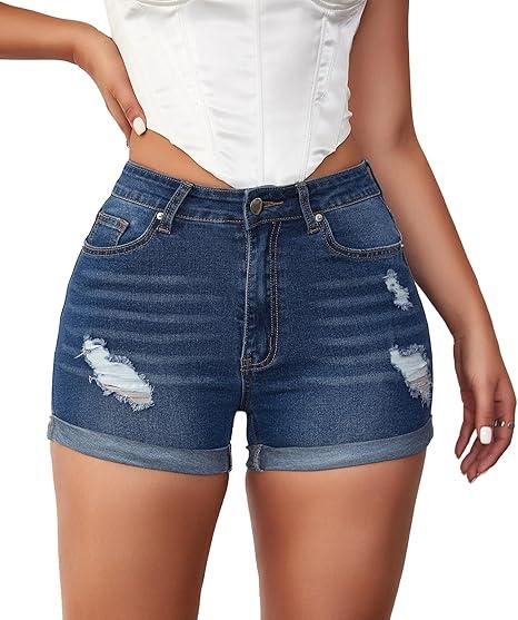 Women's Denim Shorts Summer Lady Clothing High Waist Denim Shorts Women Fringe Frayed Ripped Short Jeans, M