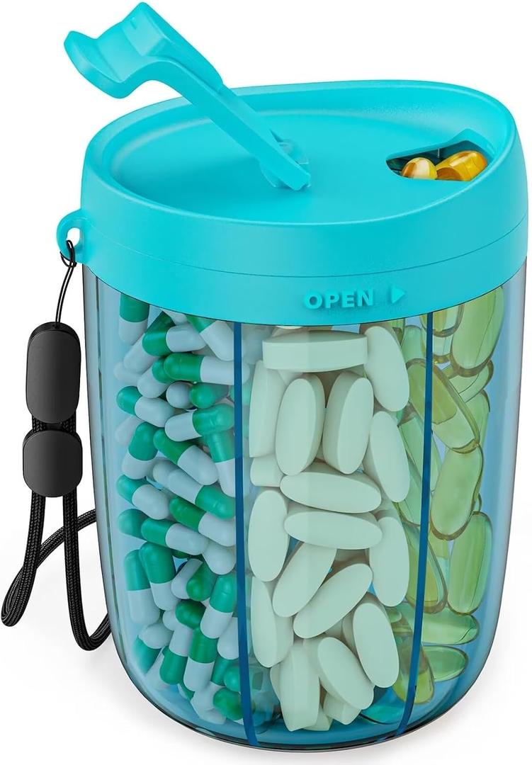 PULIV Large Pill Bottle Organizer, Supplement Organizer for Holding 6 Various Vitamins, Pill Box Case with Anti-Mixing & Wide Opening Design, Easy to Retrieve Meds and 20 Pcs Stick-on Labels, Blue