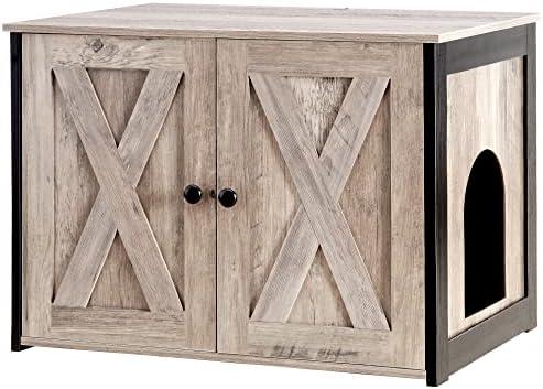 Dwanton Litter Box Enclosure, Cat Litter Box Furniture Hidden, Reversible Entrance Can Be on Left or Right Side, Wooden Cat Washroom Indoor, Greige, 27.6 Inches