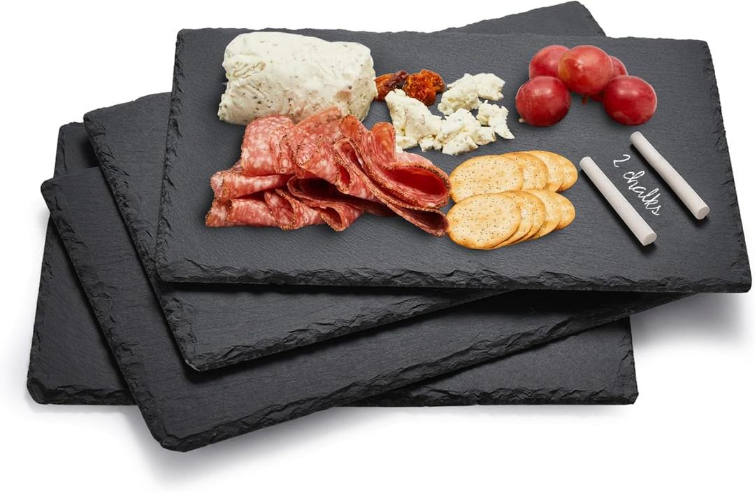 Bruntmor Slate Cheese Boards with 2 Chalks - Black Stone Plates - Slate Platter Tray - Charcuterie Boards - Display Chalkboard for Charcuterie, Meat, Cake - Set of 4 - Black - 12'' x 8''
