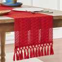 ZeeMart Macrame Style Boho Table Runner, Red Table Runners 48 Inches Long, Farmhouse Woven Home Decor, 12x48 Inch, Red